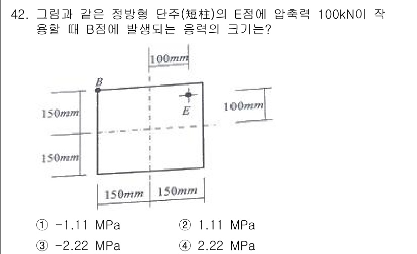 실내건축산업기사 2015년 42번 - 정답은 2. 

정방형 단주에 작용하는 압축력이 B점에서 발생하는 응력은... 에 관한 핵심 기출문제