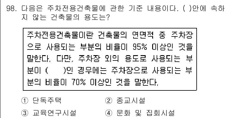 실내건축산업기사 2015년 98번 - 주차전용건축물의 부문 비율에 대한 설명에서, 주차장의 사용 비율이 95%... 에 관한 핵심 기출문제