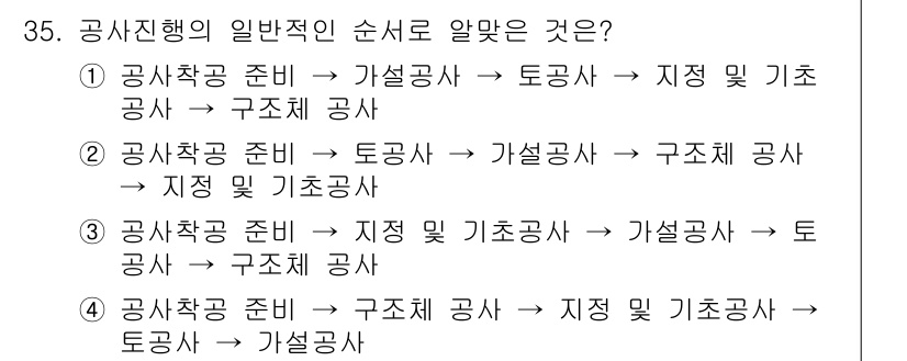 실내건축산업기사 2016년 35번 - . 

공사진행의 일반적인 순서는 공사착공 준비 → 토공사 → 가설공사 ... 에 관한 핵심 기출문제