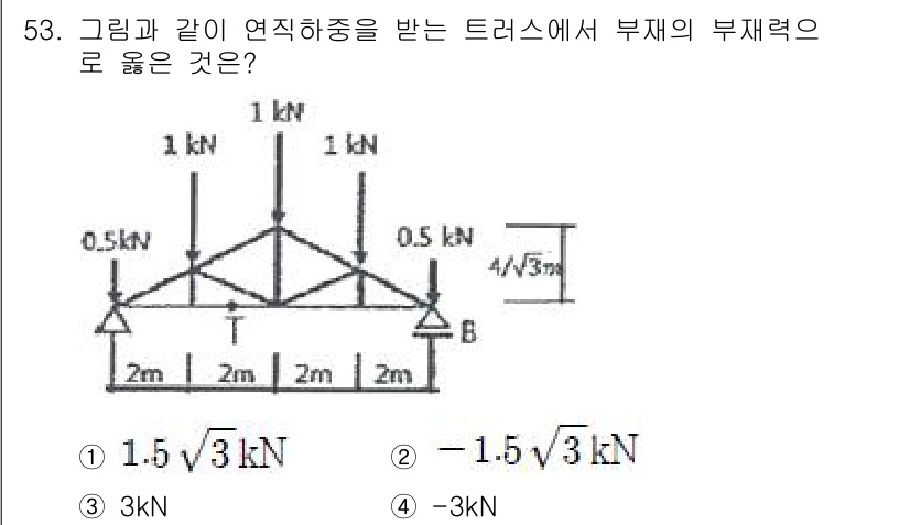 건축산업기사 2017년 53번 - 주어진 트러스에서 부재의 힘을 구하기 위해서는 평형 조건을 이용해야 합니... 에 관한 핵심 기출문제