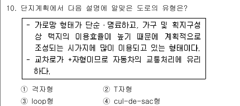 실내건축산업기사 2017년 10번 - 정답은 3번 cul-de-sac형이다. cul-de-sac형 도로는 회전... 에 관한 핵심 기출문제