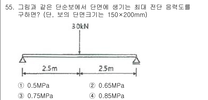 실내건축산업기사 2017년 55번 - 주어진 문제에서 하중은 30kN이며, 보의 길이는 25m입니다. 최대 전... 에 관한 핵심 기출문제