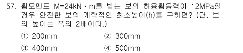 실내건축산업기사 2017년 57번 - 주어진 하중과 허용응력, 그리고 보의 높이를 고려하여 최소한의 보의 높이... 에 관한 핵심 기출문제