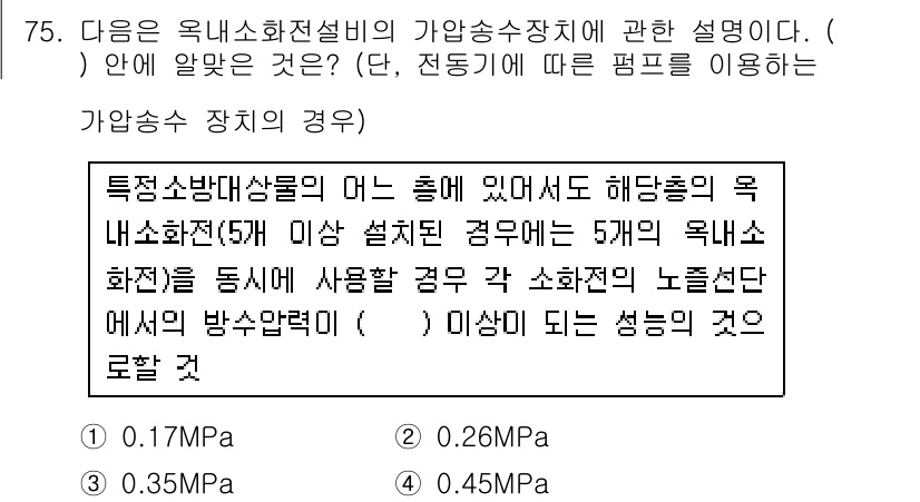 실내건축산업기사 2017년 75번 - 정답 4번인 0.45MPa는 특정 소방대상물의 용도에 따라 요구되는 최소... 에 관한 핵심 기출문제