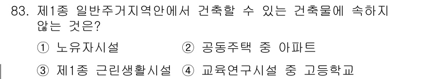 실내건축산업기사 2017년 83번 - 제1종 일반주거지역에서는 교육연구시설인 고등학교 건축이 허용되지 않기 때... 에 관한 핵심 기출문제