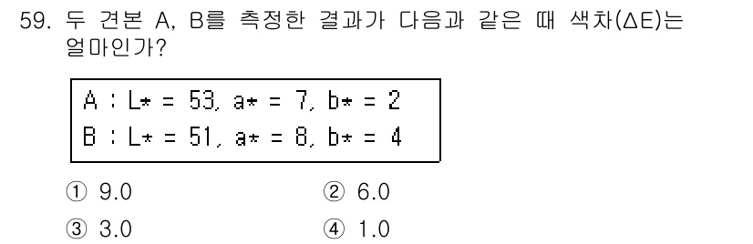 컬러리스트산업기사 2015년 59번 - ΔE는 두 색상 A와 B 간의 차이를 나타내는 값으로, CIELAB 색 ... 에 관한 핵심 기출문제