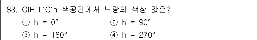컬러리스트산업기사 2015년 83번 - CIE L*c*h 색 공간에서 노란색은 h 값이 90°입니다. 이는 노란... 에 관한 핵심 기출문제