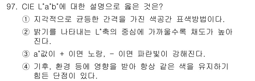 컬러리스트산업기사 2015년 97번 - CIE L*a*b* 색 공간은 색을 균등하게 표현하는 체계로, 인간의 색... 에 관한 핵심 기출문제