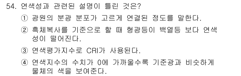 컬러리스트산업기사 2016년 54번 - . 

연색성이란 조명이 색을 어떻게 표현하는지를 나타내는데, 이와 관련... 에 관한 핵심 기출문제