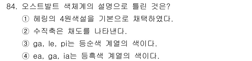 컬러리스트산업기사 2016년 84번 - 오스트발트 색체계에서 헤링의 4원색설을 기반으로 하여 색의 기본이 되는 ... 에 관한 핵심 기출문제