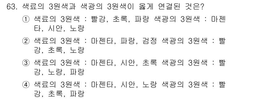 컬러리스트산업기사 2017년 64번 - 컬러리스트 산업기사에서 색의 3원색과 색광의 3원색의 관계를 이해하는 것... 에 관한 핵심 기출문제