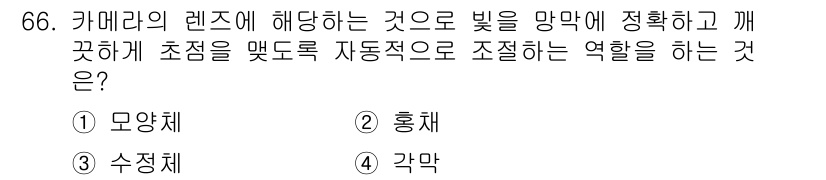 컬러리스트산업기사 2017년 67번 - . 모양체  
모양체는 빛의 초점 조절을 통해 상의 선명도를 높이는 역할... 에 관한 핵심 기출문제