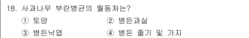 식물보호기사 2016년 18번 - . 토양  
사과나무 부란병균은 주로 토양에서 생존하며, 감염을 유발하는... 에 관한 핵심 기출문제