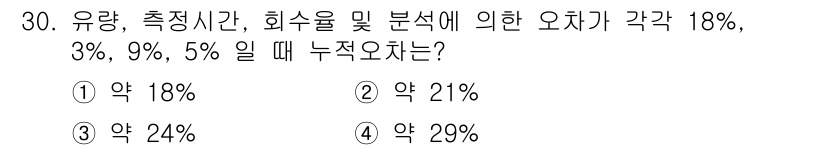 산업위생관리기사 2016년 30번 - 주어진 유량, 측정시간, 회수율에 따라 오차를 계산할 때 각 오차의 영향... 에 관한 핵심 기출문제