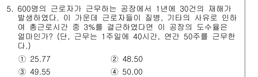 산업위생관리기사 2016년 5번 - 도수율은 근로자의 질병으로 인한 결근을 고려하여 계산합니다. 총 근로시간... 에 관한 핵심 기출문제