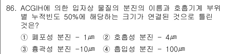 산업위생관리기사 2016년 86번 - ACGIH에서 제시한 호흡기계 부위별 누적 빈도가 50%에 해당하는 크기... 에 관한 핵심 기출문제
