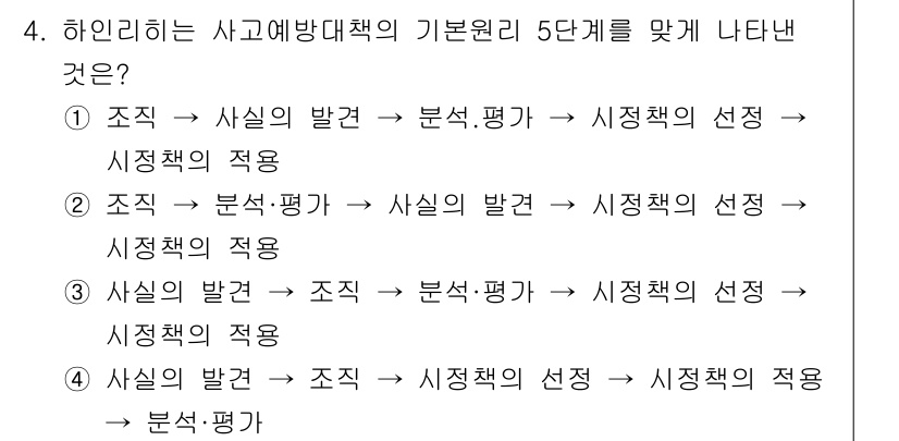 산업위생관리기사 2017년 4번 - 정답 3번은 사고예방대책의 기본 원리를 올바른 순서로 나열하고 있습니다.... 에 관한 핵심 기출문제