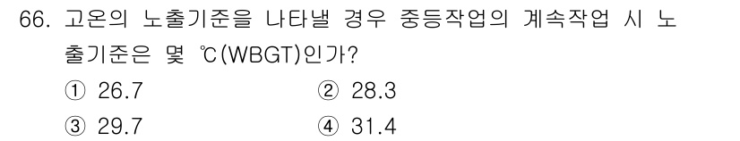 산업위생관리기사 2017년 68번 - 정답은 3번, 29.7°C(WBGT)입니다. 이는 고온 환경에서 작업자의... 에 관한 핵심 기출문제