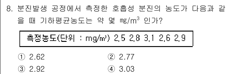 산업위생관리기사 2017년 8번 - 주어진 분진 농도의 값을 평균 내면 다음과 같습니다: (25 + 28 +... 에 관한 핵심 기출문제