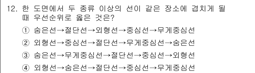 용접산업기사 2015년 12번 - 정답 4번은 유선순위에 따라 순서를 적절히 배치했기 때문입니다. 선이 겹... 에 관한 핵심 기출문제