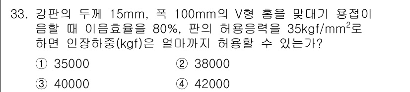 용접산업기사 2015년 33번 - 본 문제는 강판의 두께와 허용 응력, 그에 따른 인장하중을 계산하는 문제... 에 관한 핵심 기출문제