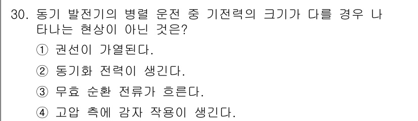 전기기능사 2016년 30번 - 동기화 전력이 증가하는 것은 전압의 파형이 일치함에 따라 발생하며, 이는... 에 관한 핵심 기출문제