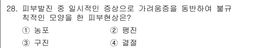 이용사 2016년 28번 - 정답은 3번 구진입니다. 구진은 피부 발진의 일종으로, 고립된 돌출된 부... 에 관한 핵심 기출문제