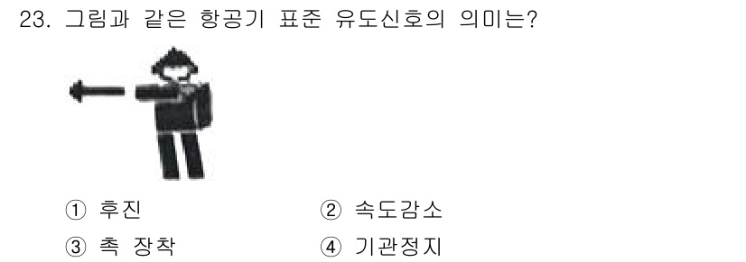 항공기체정비기능사 2016년 23번 - 그림은 항공기에서 기관 정지 또는 작동 중지를 의미하는 유도신호로 사용됩... 에 관한 핵심 기출문제