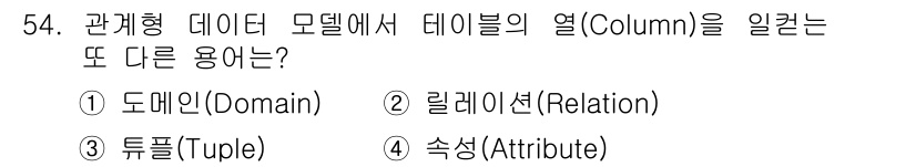 멀티미디어콘텐츠제작전문가 2016년 54번 - . 속성(Attribute)

해설: 관계형 데이터 모델에서는 데이터의 ... 에 관한 핵심 기출문제