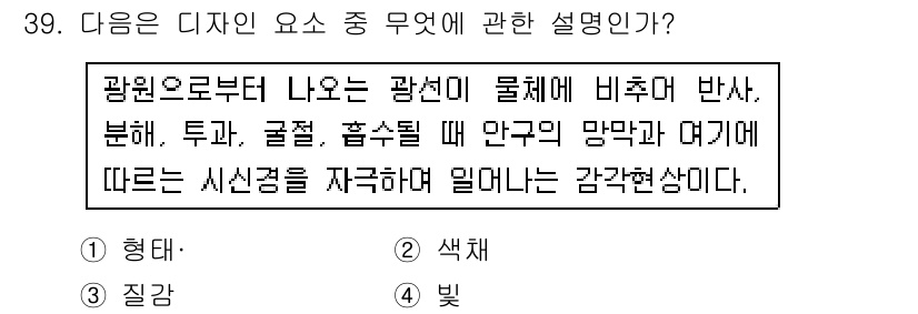 멀티미디어콘텐츠제작전문가(구) 2017년 39번 - 광원으로부터 나오는 광선이 물체에 비추어 반사, 분해, 투과, 굴절 등의... 에 관한 핵심 기출문제