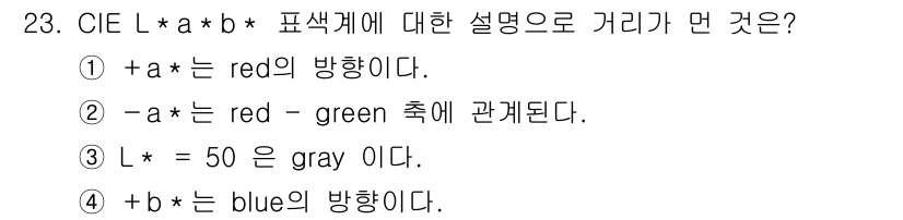 멀티미디어콘텐츠제작전문가 2017년 23번 - CIE 색 공간에서 \( b^* \)는 파란색의 방향을 나타내며, 색의 ... 에 관한 핵심 기출문제