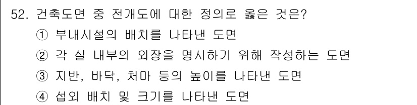 실내건축기능사 2015년 52번 - 건축 도면에서 전계도는 각 실 내의 높이, 바닥 및 치수 등을 명확히 표... 에 관한 핵심 기출문제