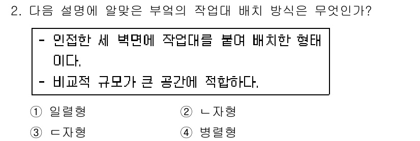 실내건축기능사 2016년 2번 - 주어진 설명에서 "민접한 세 벽면에 작업대를 두고 배치한 형태"는 '병렬... 에 관한 핵심 기출문제