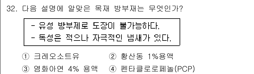 실내건축기능사 2016년 32번 - 유성 방부제로 도장할 수 없는 이유는 방부제의 성질 때문입니다. 유성 방... 에 관한 핵심 기출문제