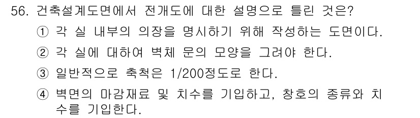 실내건축기능사 2016년 56번 - 건축설계도면에서는 배면의 마감재 및 치수를 기입하고, 창호의 종류와 치수... 에 관한 핵심 기출문제