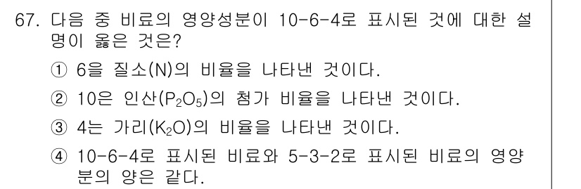 조경산업기사 2015년 67번 - 6은 질소(N)의 비율을 나타내며, 이는 식물 성장을 위한 중요한 영양소... 에 관한 핵심 기출문제