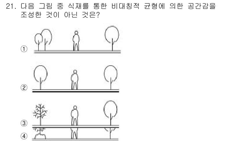 조경산업기사 2016년 21번 - 정답 5는 비대칭적 요소 간의 균형이 결여된 조경 설계를 나타냅니다. 그... 에 관한 핵심 기출문제