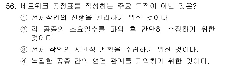 조경산업기사 2016년 56번 - 네트워크 공정표는 각 공정의 소요일수를 파악하고, 이를 바탕으로 전체 일... 에 관한 핵심 기출문제