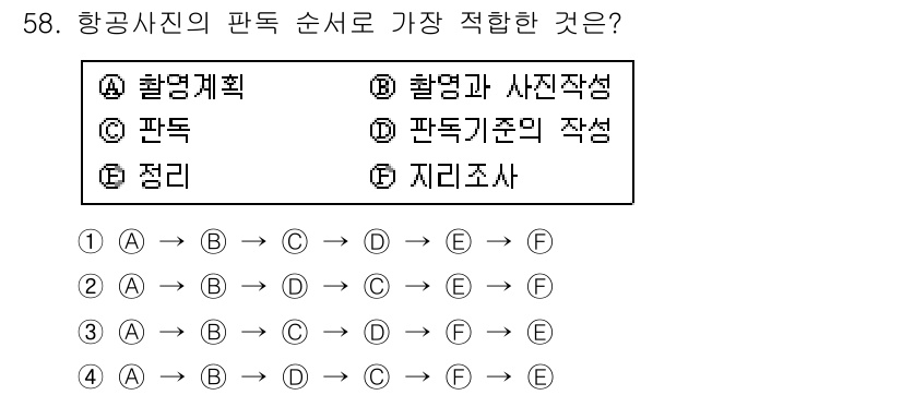 조경산업기사 2016년 58번 - 문제에서 주어진 항공사진 판독 순서는 실제 작업 순서와 관련이 있습니다.... 에 관한 핵심 기출문제