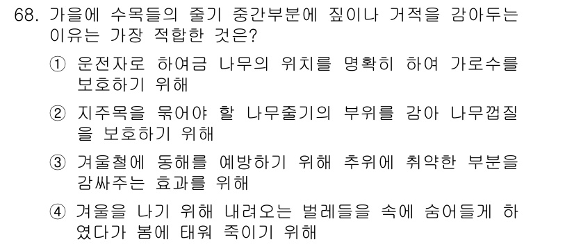 조경산업기사 2016년 68번 - 가을에 수목의 줄기 중간부분에 지지를 위해 가지를 강하게 보호하는 것이 ... 에 관한 핵심 기출문제