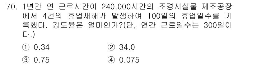 조경산업기사 2016년 70번 - 해당 문제는 연간 근로시간을 바탕으로 휴업재해가 발생한 일수와 강도를 계... 에 관한 핵심 기출문제