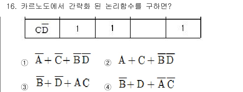 전기기능장 2018년 16번 - 주어진 카르노 맵에서 1이 나타나는 위치를 통해 변수의 조합을 확인할 수... 에 관한 핵심 기출문제