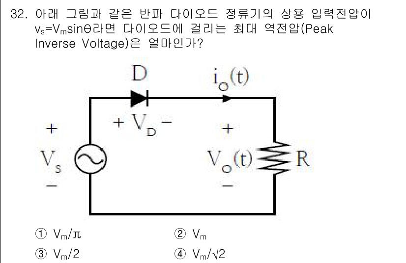 전기기능장 2018년 32번 - 반파 정류회로에서 최대 역전압(peak inverse voltage, P... 에 관한 핵심 기출문제