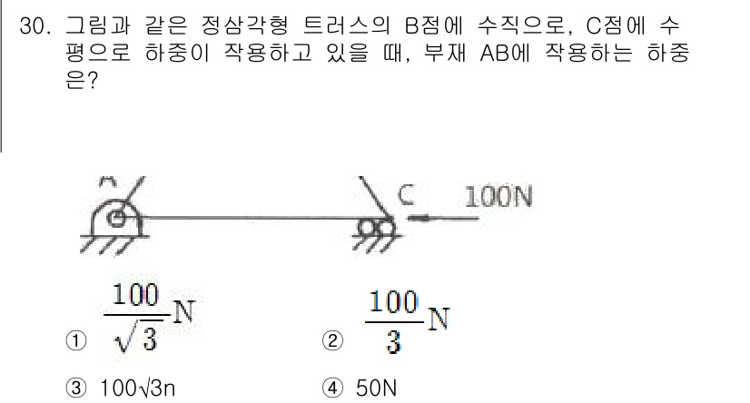 용접기사 2018년 30번 - 부재 AB에 작용하는 하중은 점 B에서 수직으로 작용하는 100N의 힘과... 에 관한 핵심 기출문제