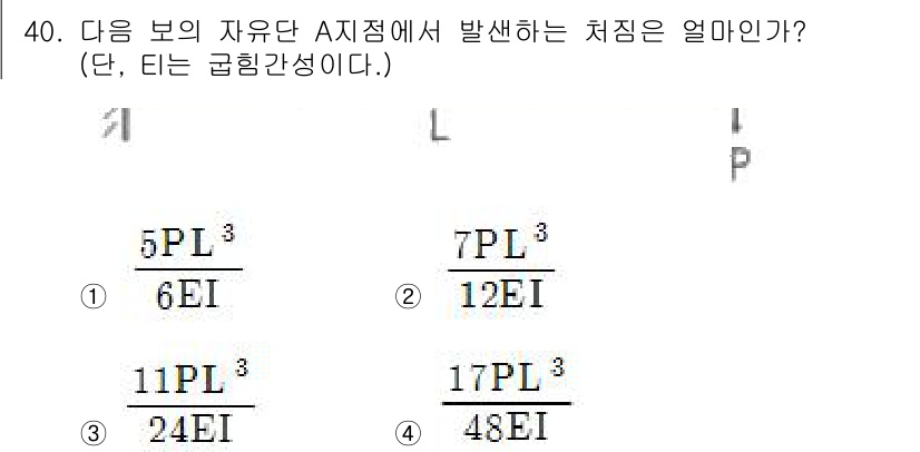 용접기사 2018년 40번 - 주어진 문제는 자유단 A 지점에서의 처짐을 계산하는 것으로, 처짐은 외부... 에 관한 핵심 기출문제