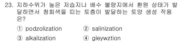 유기농업기능사 2016년 23번 - ) podzolization  
해설: Podzolization은 저습지... 에 관한 핵심 기출문제