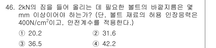 기계가공조립기능사 2015년 46번 - 볼트의 허용 인장력에 따라 필요한 볼트의 바깥지름을 계산하면, 주어진 하... 에 관한 핵심 기출문제