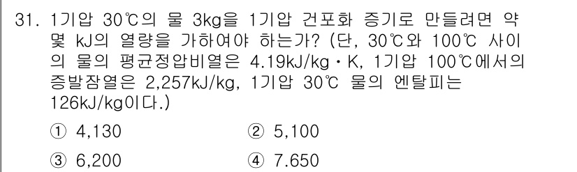 에너지관리기사 2016년 31번 - 증발에 필요한 열량은 30°C에서 100°C로 데우는 열량과 100°C에... 에 관한 핵심 기출문제