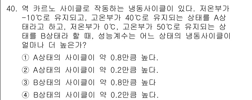 에너지관리기사 2017년 41번 - . 열 카르노 사이클은 고온원과 저온원 간의 온도 차이가 클수록 효율이 ... 에 관한 핵심 기출문제
