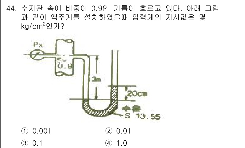 에너지관리기사 2017년 45번 - 이 문제는 압력계에 연결된 액체의 밀도와 높이 차이에 따라 압력을 계산하... 에 관한 핵심 기출문제